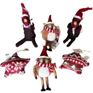 6 Pc LOT felted Wool And Knit Rustic Ornaments Critters, Stars Bright Ideas NWT
